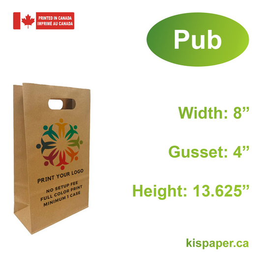 250 Pcs Pub 8x4x13.625 inches Kraft Paper Bags Die Cut Handles; Full Color Custom Print, Printed in Canada