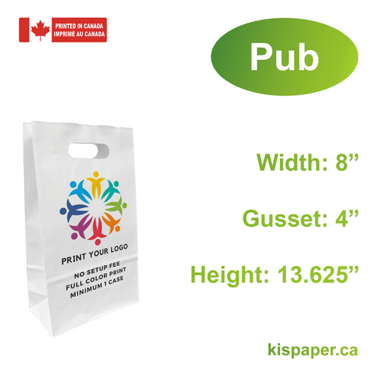 250 Pcs Pub 8x4x13.625 inches White Paper Bags Die Cut Handles; Full Color Custom Print, Printed in Canada