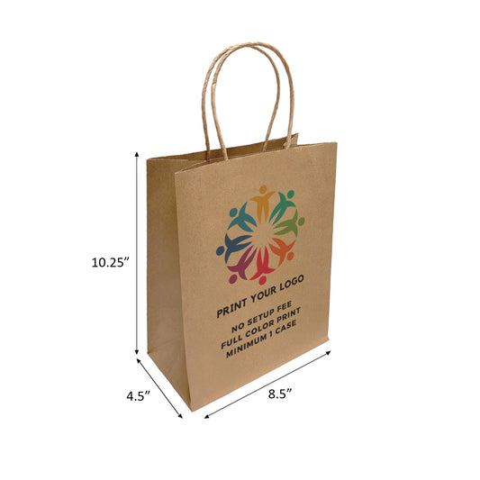 250pcs, Cub 8x4.75x10.25 inches Kraft Paper Bags Twist Handles; Full Color Custom Print, Printed in Canada