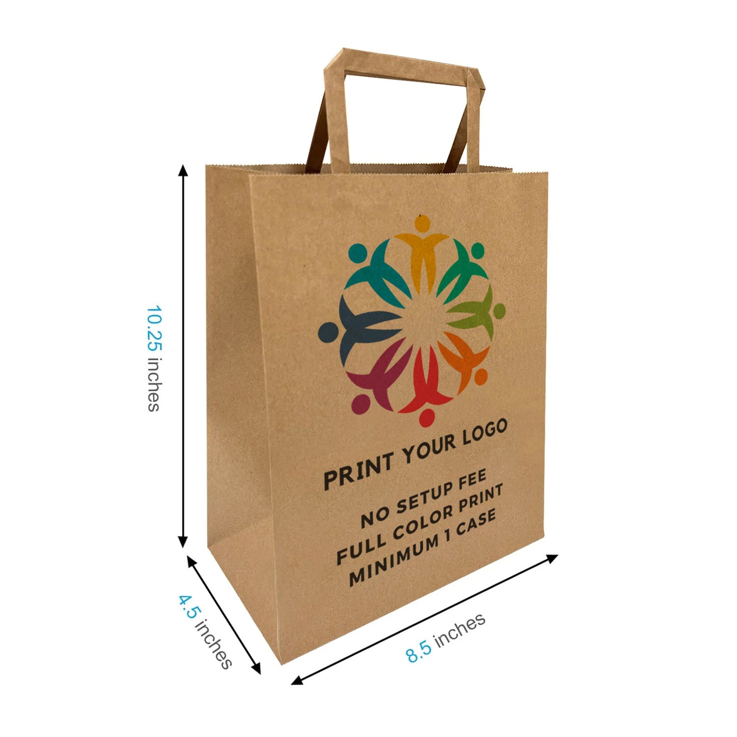 100pcs, Cub 8.5x4.5x10.25 inches Kraft Paper Bags Flat Handles; Full Color Custom Print, Printed in Canada