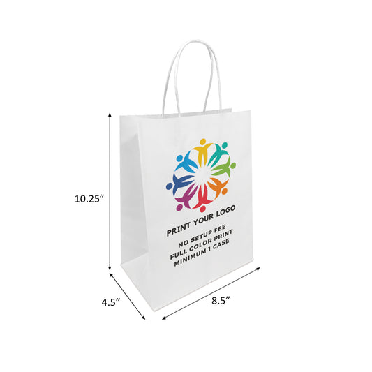 250pcs, Cub 8x4.75x10.25 inches White Paper Bags Twist Handles; Full Color Custom Print, Printed in Canada