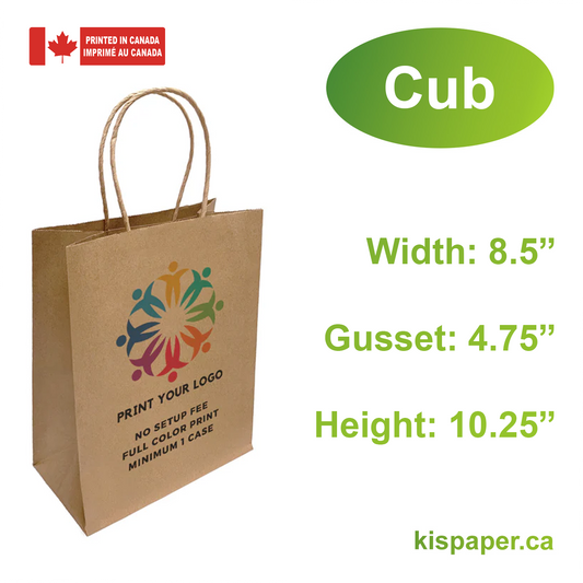 250pcs, Cub 8x4.5x10.25 inches Kraft Paper Bags Twist Handles; Full Color Custom Print, Printed in Canada