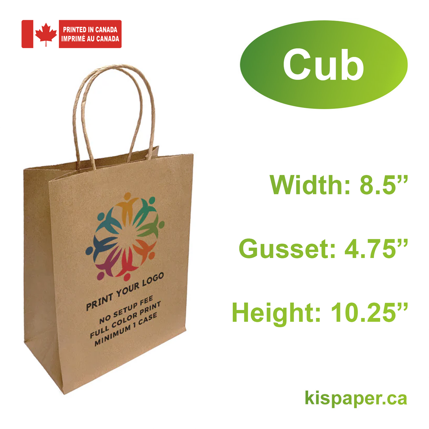 100pcs, Cub 8.5x4.75x10.25 inches Kraft Paper Bags Twist Handles; Full Color Custom Print, Printed in Canada