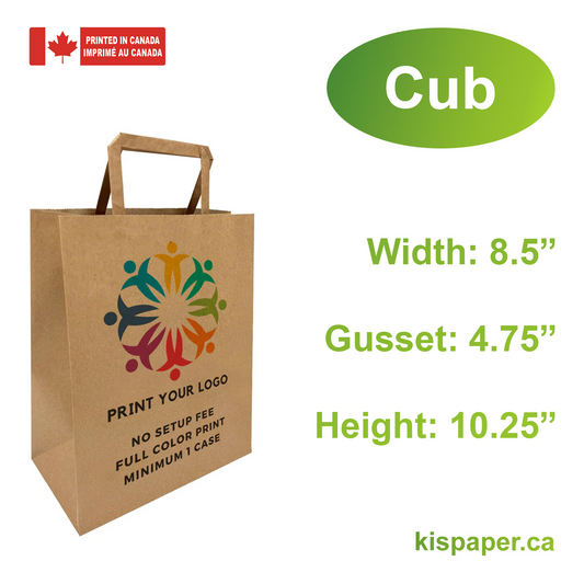 300pcs, Cub 8.5x4.5x10.25 inches Kraft Paper Bags Flat Handles; Full Color Custom Print, Printed in Canada