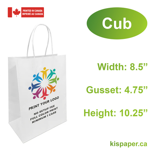 250pcs, Cub 8x4.75x10.25 inches White Paper Bags Twist Handles; Full Color Custom Print, Printed in Canada