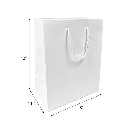 150 Pcs, Cub, 8x4.75x10.25 inches, White Euro Tote Paper Bags, with Rope Handle