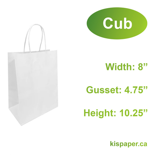 8450W | 250pcs Cub 8x4.75x10.25 inches White Paper Bags Twisted Handles; $0.28/pc