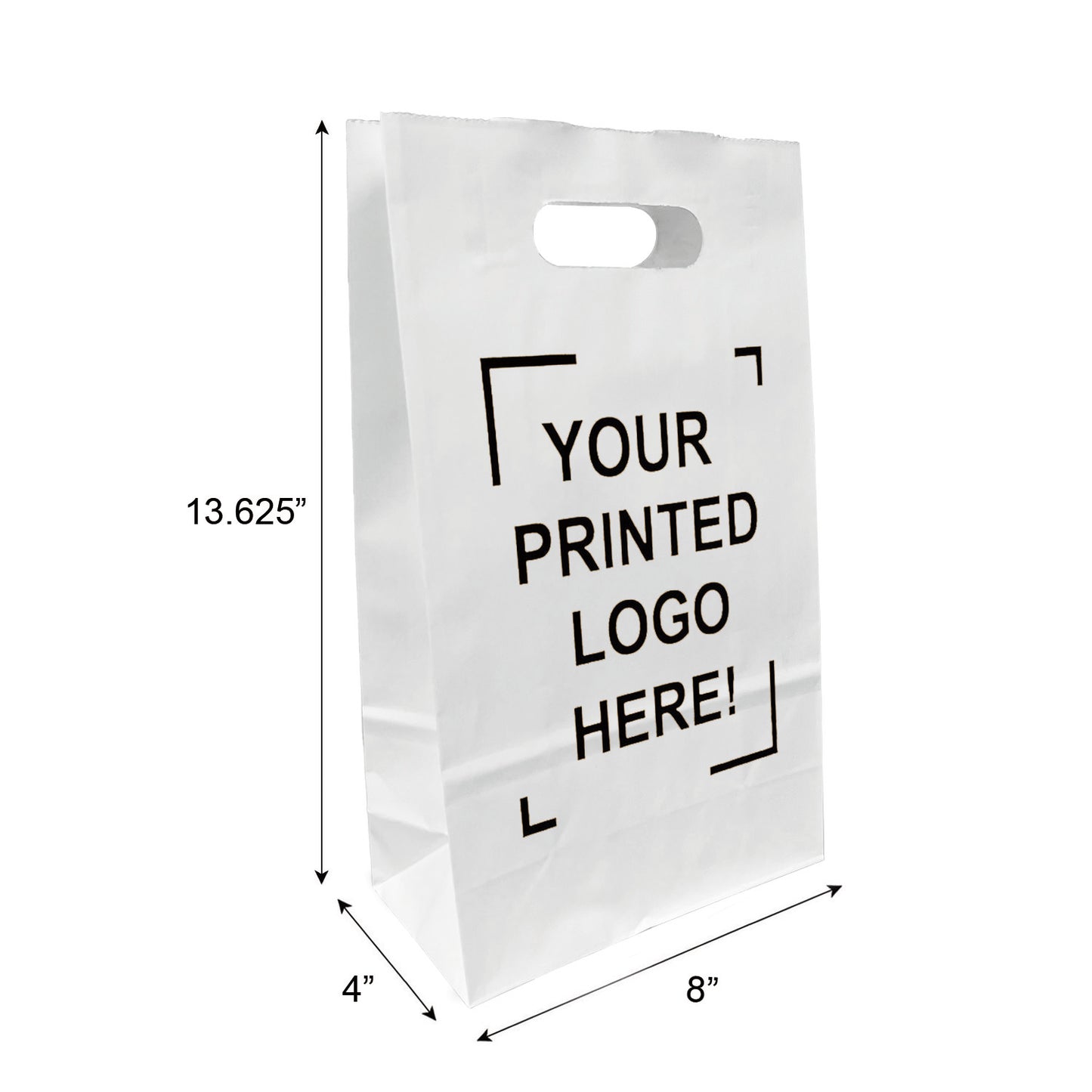 250pcs, Pub, 8x4x13 5/8 inches, White Paper Bags, with Die Cut Handles, Custom Print in Canada