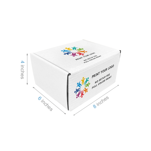 8" x 6" x 4" - Custom White Mailer Boxes - Bundle of 40 - KIS PAPER - 6097; Full Color Custom Print, Printed in Canada; From $2.31/pc