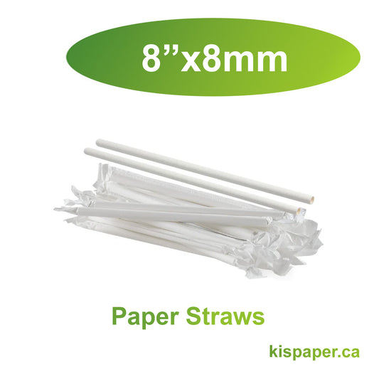 8" x 8mm D - Paper Straws White Wrapped - Carton of 2000 - KIS PAPER - 1095; $0.031/pc