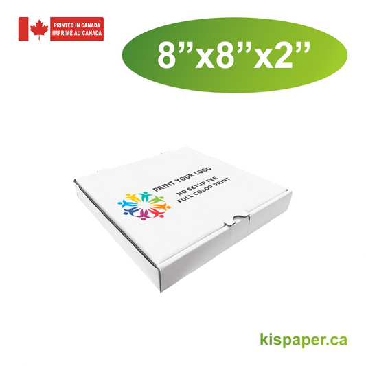 8" x 8" x 2" - Custom White Pizza Boxes - Carton of 50 - KIS PAPER - 5473; Full Color Custom Print, Printed in Canada; $0.78/pc