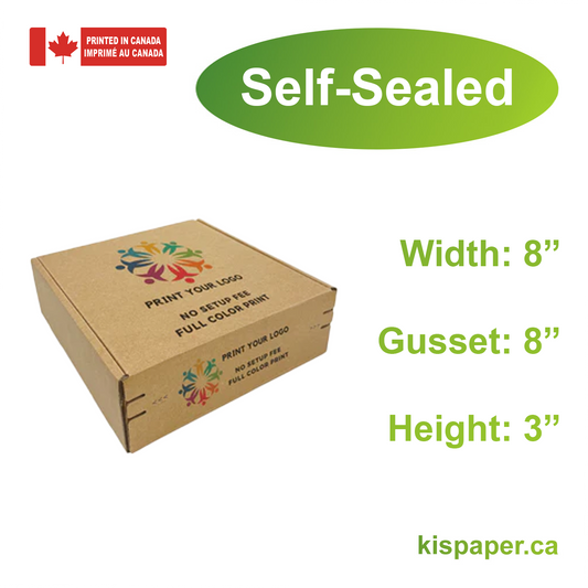 8" x 8" x 3" - Custom Kraft Mailer Boxes Self-Seal Tape - Bundle of 40 - KIS PAPER - 1260; Full Color Custom Print, Printed in Canada; From $1.85/pc