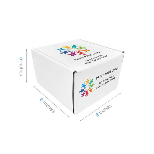 8" x 8" x 5" - Custom White Mailer Boxes - Bundle of 40 - KIS PAPER - 6098; Full Color Custom Print, Printed in Canada; From $2.81/pc