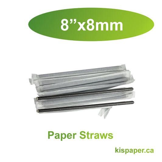 8" x 8mm D - Paper Straws Black Wrapped - Carton of 2000 - KIS PAPER - 1094; $0.033/pc