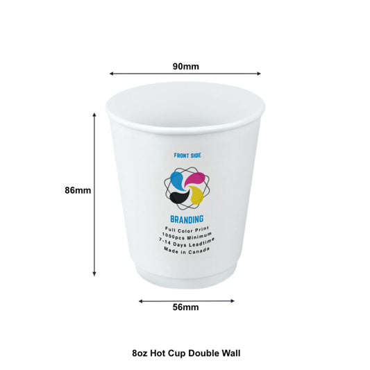 500pcs 8oz, 237ml Double Wall White Paper Hot Cups with 90mm Opening; Full Color Custom Print, Printed in Canada