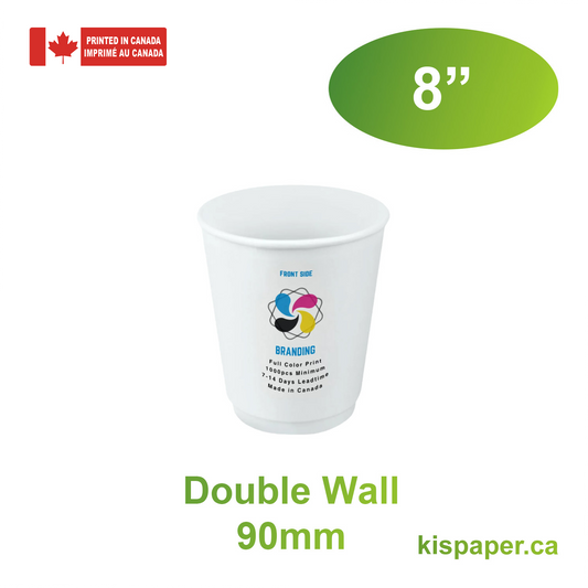 500pcs 8oz, 237ml Double Wall White Paper Hot Cups with 90mm Opening; Full Color Custom Print, Printed in Canada