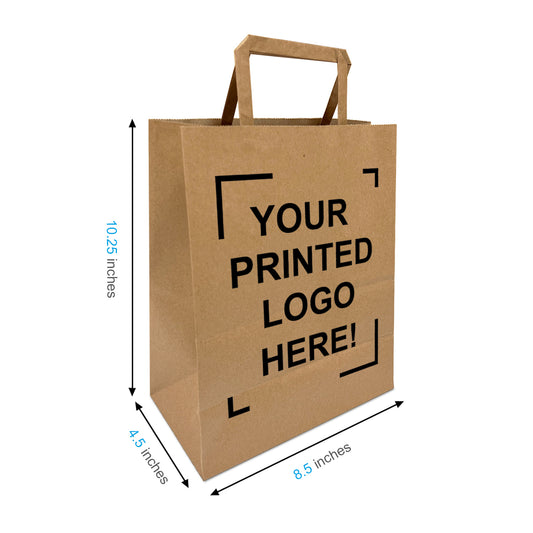 100 Pcs, Cub, 8.5x4.5x10.25 inches, Kraft Paper Bags, with Flat Handle, Full Color Custom Print