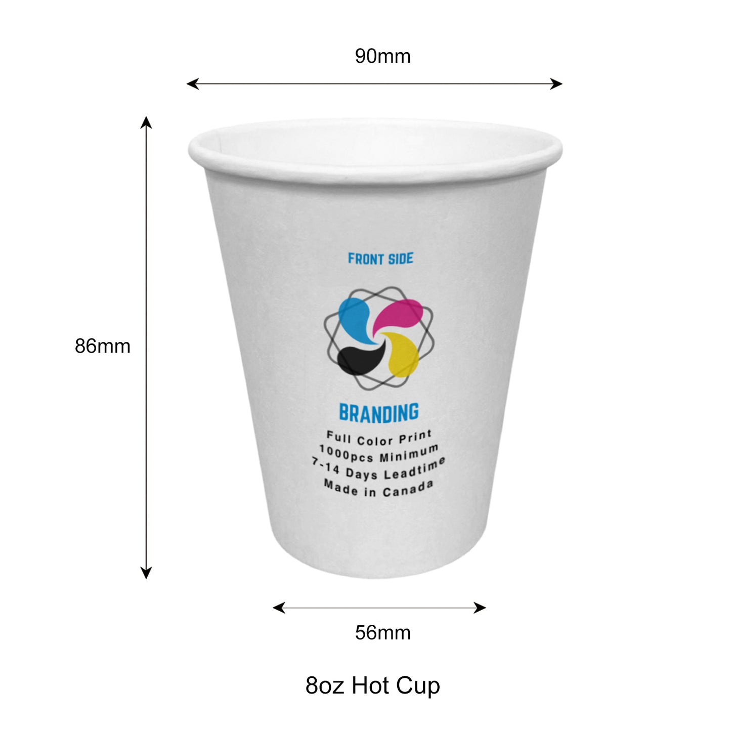1000pcs 8oz, 237ml Single Wall White Paper Hot Cups with 90mm Opening; Full Color Custom Print, Printed in Canada