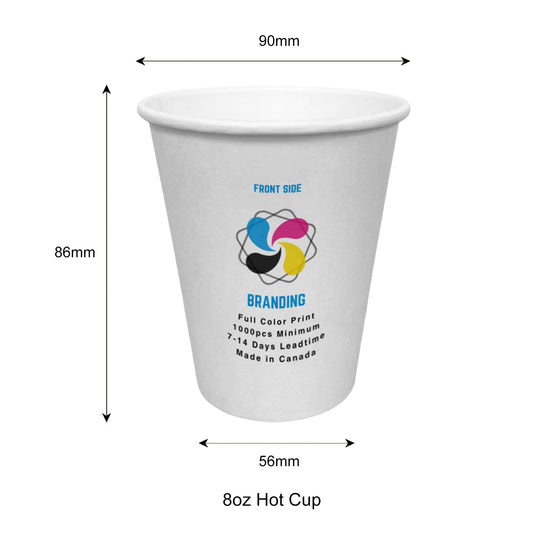 1000pcs 8oz, 237ml Single Wall White Paper Hot Cups with 90mm Opening; Full Color Custom Print, Printed in Canada