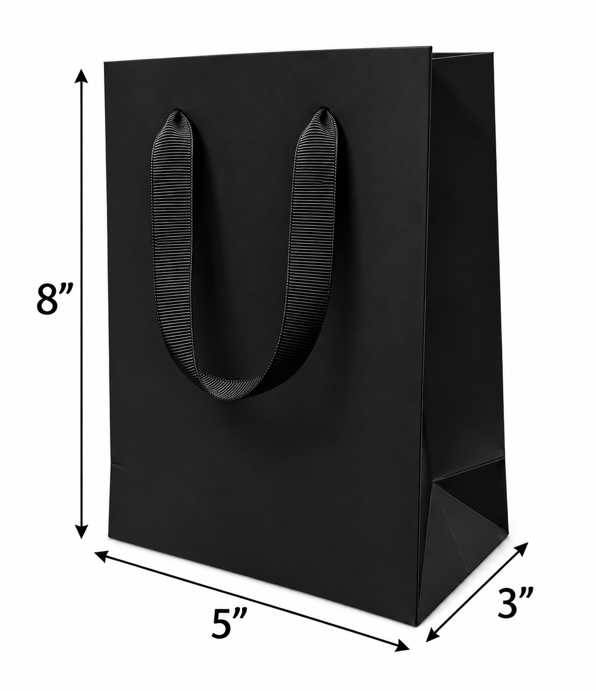Euro Tote Black Laminated Paper Bags 8" x  5" x  3" with Ribbon Handles 150 pcs/case SKU #6120