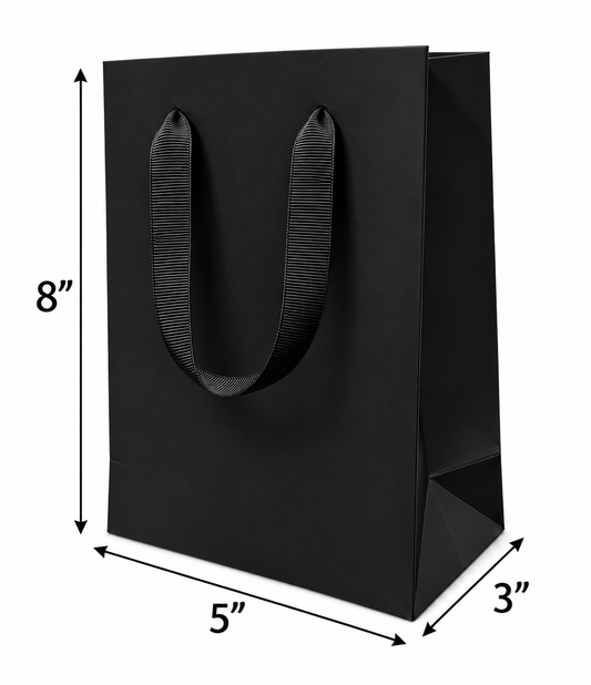 Euro Tote Black Laminated Paper Bags 8" x  5" x  3" with Ribbon Handles 150 pcs/case SKU #6120