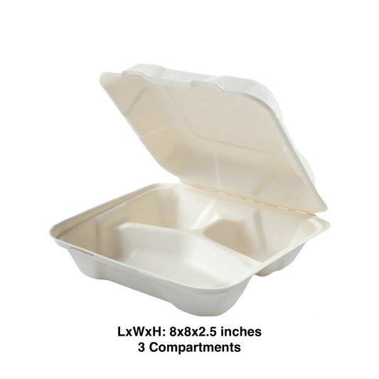 KIS-S88253G | 8x8x2.5 inches, 3-Compartment, Sugarcane Shallow Clamshell Food Container; $0.219/pc