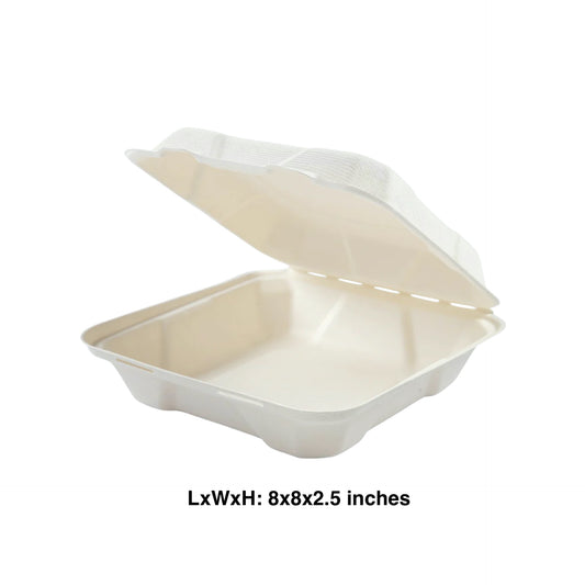 KIS-S8825G | 8x8x2.5 inches, 1-Compartment, Sugarcane Shallow Clamshell Food Container; $0.216/pc