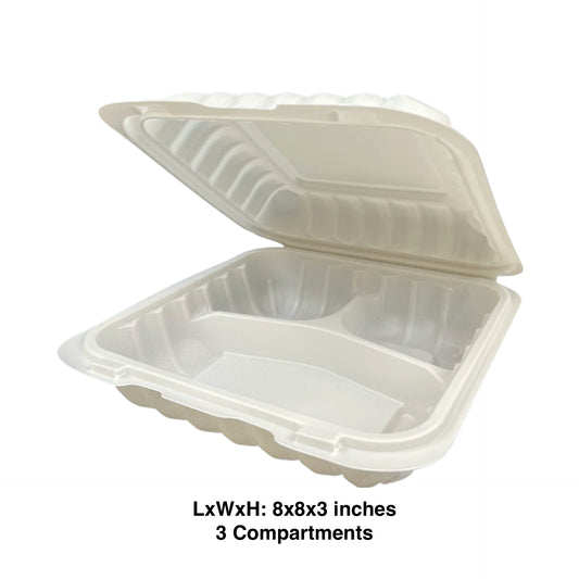 KIS-PP803G | 8x8x3 inches, 3-Compartment, PP Clamshell Food Container; $0.23/pc
