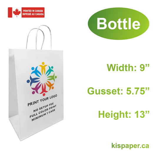 200pcs, Bottle 9x5.75x13 inches White Paper Bags Twist Handles, Full Color Print, Printed in Canada