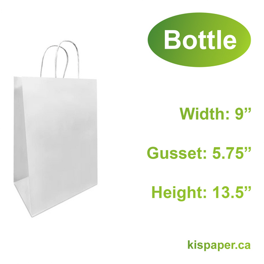 9063W | 200pcs Bottle 9x5.75x13.5 inches White Paper Bags with Handles; C$0.51/pc