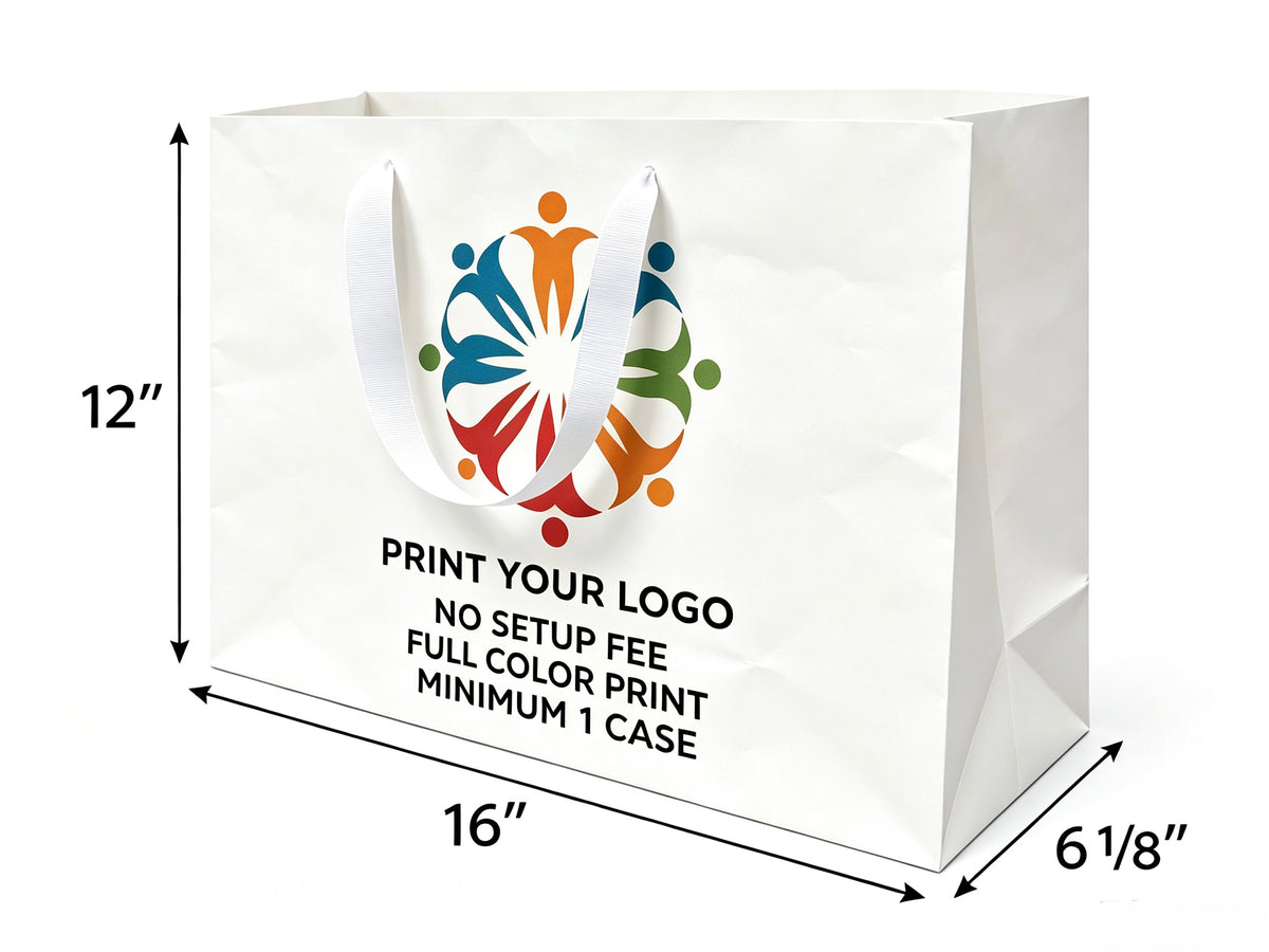 Custom Printed Euro Tote Laminated Vogue White Paper Bags 16" x 6" x 12" with Ribbon Handles - SKU #6835