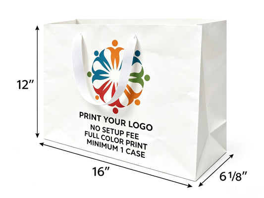 Custom Printed Euro Tote Vogue White Paper Bags 16" x 6" x 12" with Ribbon Handles - SKU #5316
