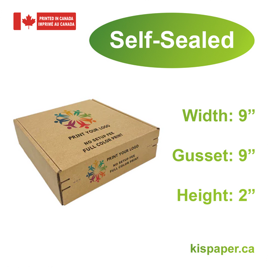 9" x 9" x 2" - Custom Kraft Mailer Boxes Self-Seal Tape - Bundle of 40 - KIS PAPER - 1261; Full Color Custom Print, Printed in Canada; From $1.535/pc