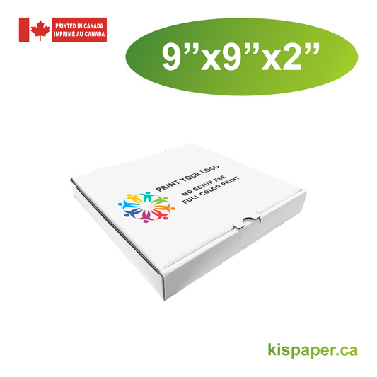 9" x 9" x 2" - Custom White Pizza Boxes - Carton of 50 - KIS PAPER - 5474; Full Color Custom Print, Printed in Canada; 0.80/pc