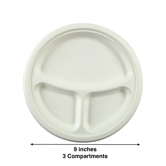 KIS-S93G | 9 inches Round Plate, 3-Compartment,Sugarcane Food Container; $0.095/pc