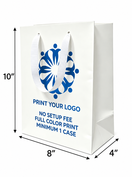 Custom Printed Euro Tote Laminated Cub White Paper Bags (8.5″ × 4.75″ × 10.25″) with Ribbon Handles - SKU 6834