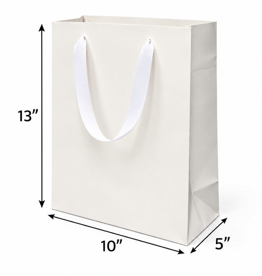 Euro Tote Laminated White Paper Shopping Bag 10"x5"x13" with White Grosgrain Ribbon Handles, 150 pcs/Case – SKU#6660