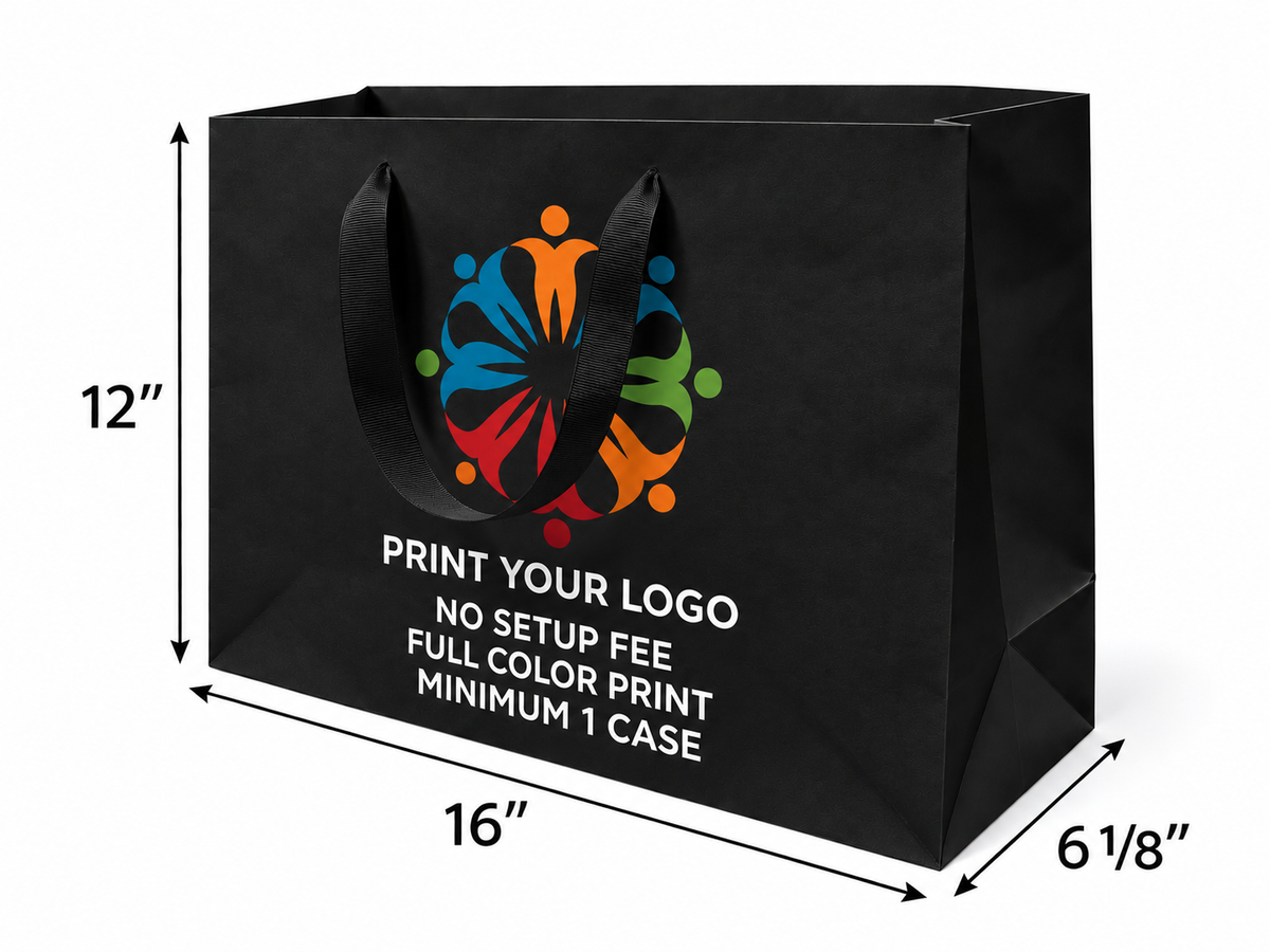 Custom Printed Euro Tote Laminated Vogue Black Paper Bags 16" x 6" x 12" with Ribbon Handles - SKU #6126