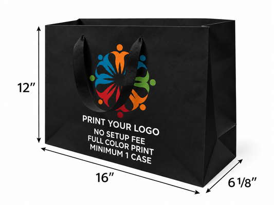 Custom Printed Euro Tote Laminated Vogue Black Paper Bags 16" x 6" x 12" with Ribbon Handles - SKU #6126