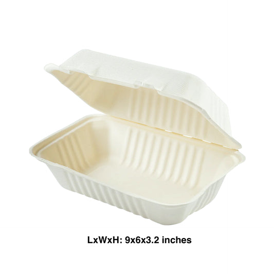 KIS-S96321G | 9x6x3.2 inches, 1-Compartment, Sugarcane Deep Clamshell Food Container; $0.180/pc