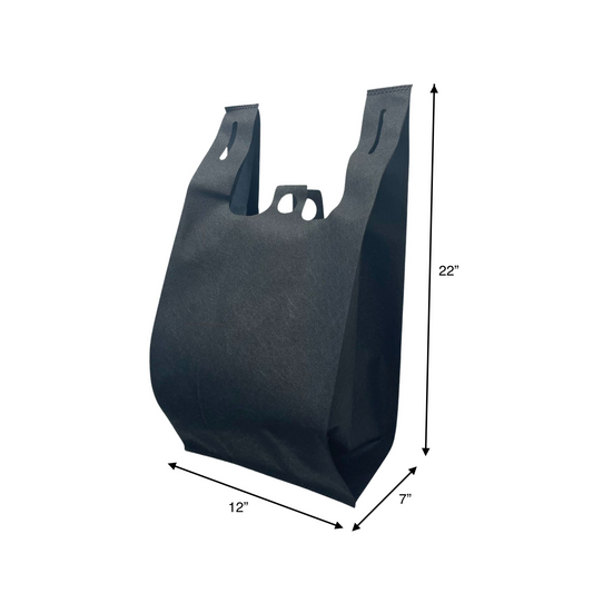 200pcs Non-Woven Reusable T-Shirt Bag 12x7x22 inches Black Shopping Bags Pinch Bottom; $0.54/pc