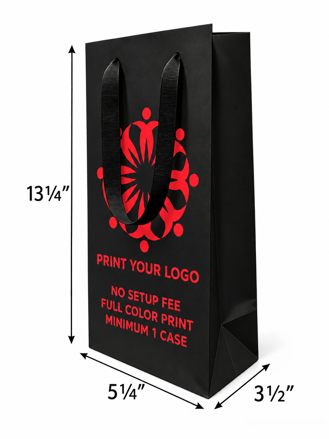 Custom Printed Euro Tote Laminated Wine Black Paper Bags (5″ × 3.5″ × 13.25″) with Ribbon Handles - SKU #6265