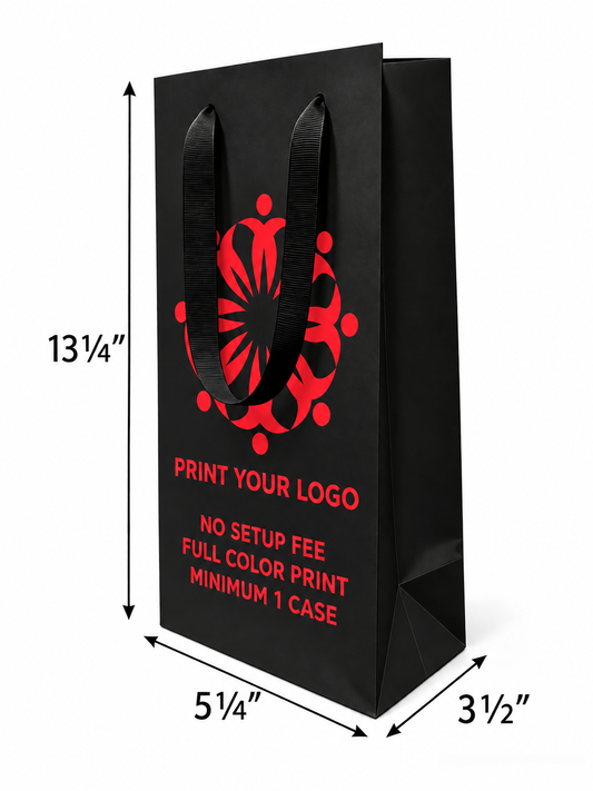 Custom Printed Euro Tote Laminated Wine Black Paper Bags (5″ × 3.5″ × 13.25″) with Ribbon Handles - SKU #6265