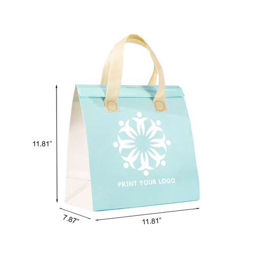 Custom Printed Aluminum Cooler Blue Insulated Takeout Bags (11.81" x 7.87" x 11.81") with White Flat Handles - SKU #6036