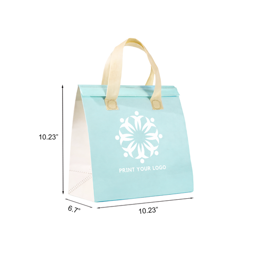 Custom Printed Aluminum Cooler Blue Insulated Takeout Bags (10.23” x 6.7” x 10.23”) with White Flat Handles - SKU #6032