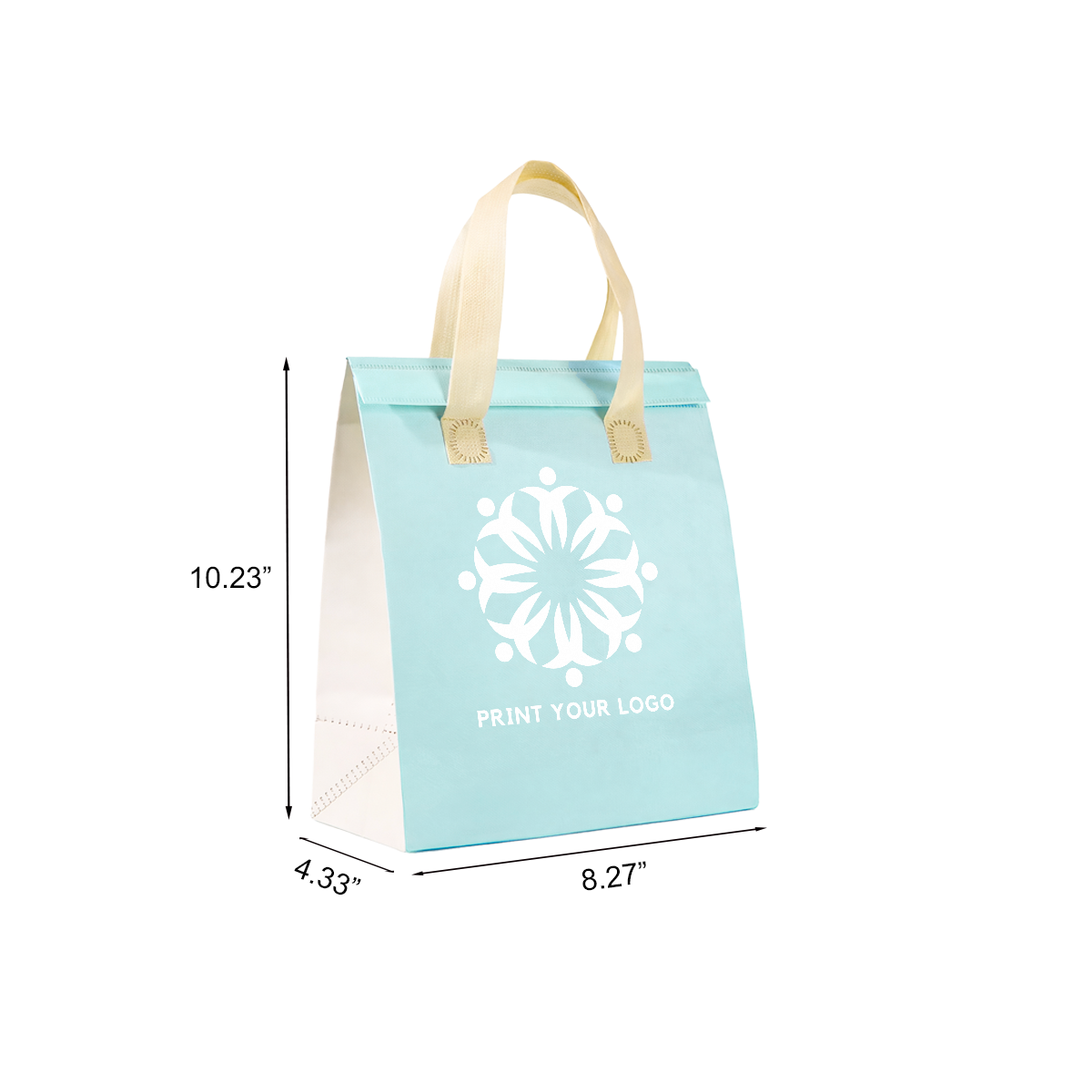 Custom Printed Aluminum Cooler Blue Insulated Takeout Bags (8.27″ × 4.33″ × 10.33″) with White Flat Handles - SKU #6028