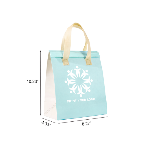 Custom Printed Aluminum Cooler Blue Insulated Takeout Bags (8.27″ × 4.33″ × 10.33″) with White Flat Handles - SKU #6028