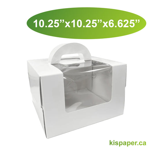 10.25" x 10.25" x 6.625" - Window Cake Boxes White with Handle Extra Cake Board - Carton of 50 - KIS PAPER - 5242; From $1.939/pc