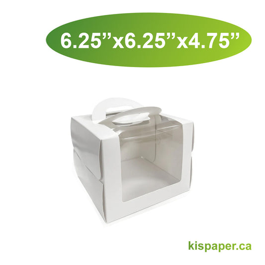 6.25" x 6.25" x 4.75" -Window Cake Boxes White with Handle Extra Cake Board -  Carton of 50 - KIS PAPER - 5240; From $1.279/pc