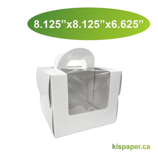 8.125" x 8.125" x 6.625" - Window Cake Boxes White with Handle Extra Cake Board - Carton of 50 - KIS PAPER - 5241; From $1.819/pc